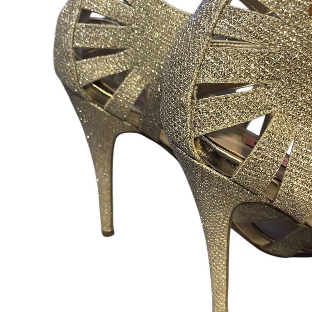 Betsey Johnson Gold Glitter T-Strap Open-Toe Stiletto Heels - Picture 6 of 14